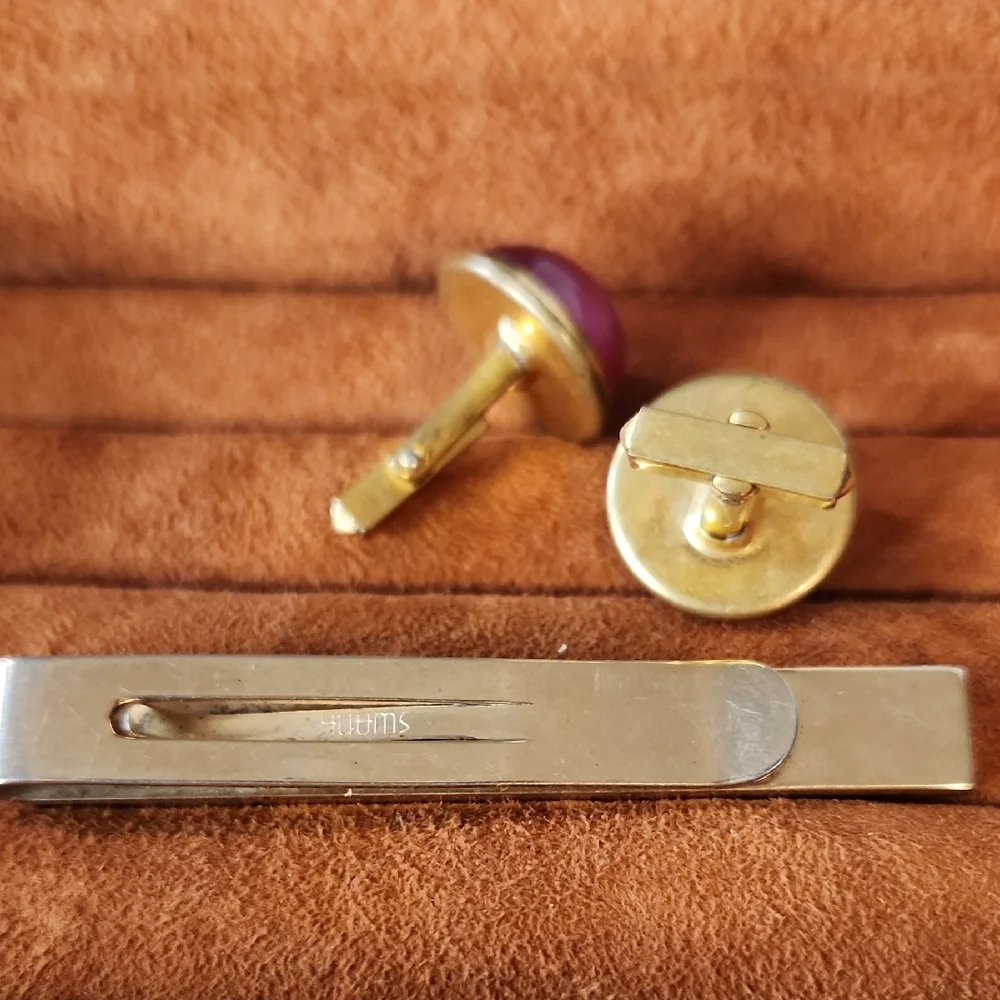 SWANK | Pink Moonstone Cufflinks | Goldtone Tie Bar/Money Clip